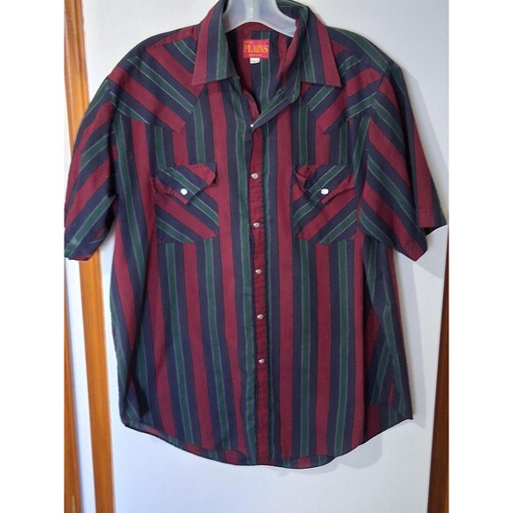 Ely Plains Shirt Mens Large Green Striped Western Pearl Snap Short Sleeve Casual - Picture 3 of 5